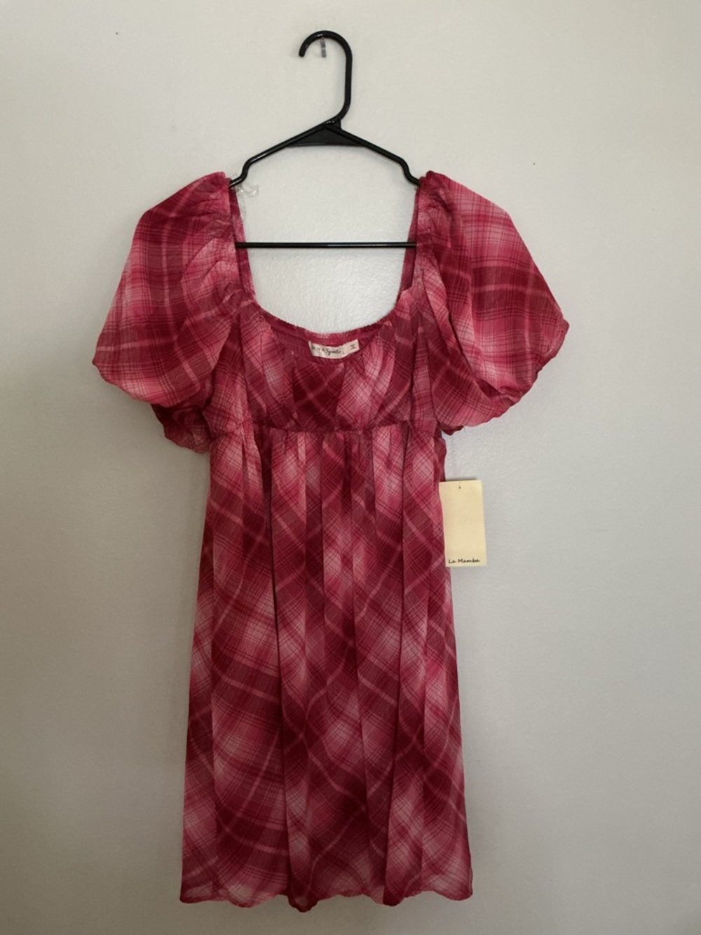 Women’s Pink Plaid Mini Dress with Puff Sleeves